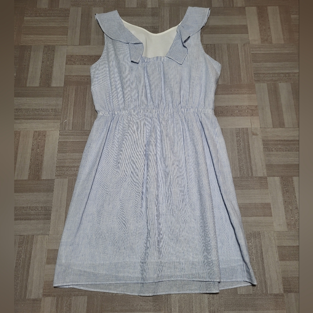 Striped Ruffle-Front Sleeveless Dress - Light Blue - Picture 2 of 7